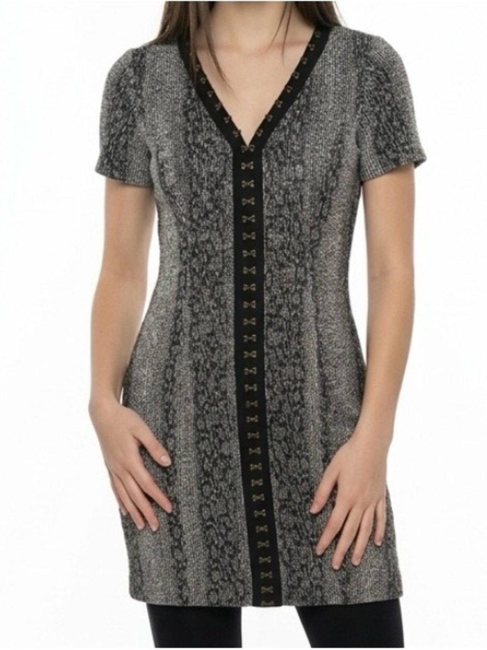 T Tahari Black and Gray Short Sleeve Mini Dress